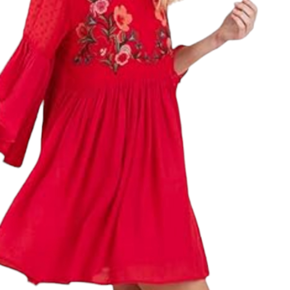 Umgee Boho Bliss Red Dress with Floral Embroidery